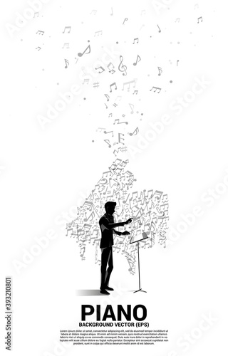 vector conductor and music melody note dancing flow shape piano icon . Concept background for song and concert theme.
