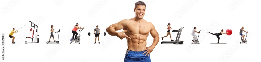 Bodybuilder posing with many other people exercising in the back Bodybuilder posing with many other people exercising in the back