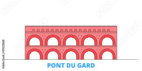 France, Pont Du Gard Landmark cityscape line vector. Travel flat city landmark, oultine illustration, line world icons