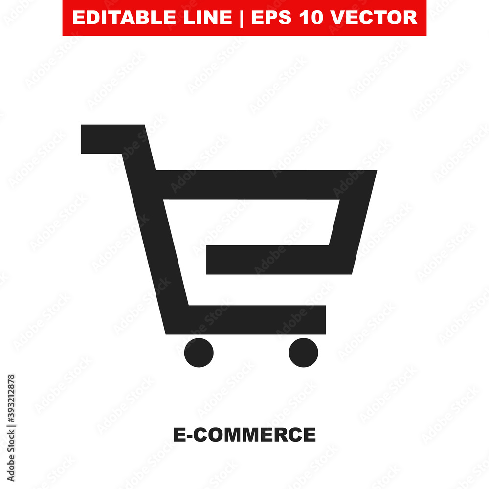 Shop cart vector icon for creative black white logo. Add / buy outline trolley symbol for online shopping app of the supermarket. Original line flat market basket icon. Web store badge of purchase box Shop cart vector icon for creative black white logo. Add / buy outline trolley symbol for online shopping app of the supermarket. Original line flat market basket icon. Web store badge of purchase box