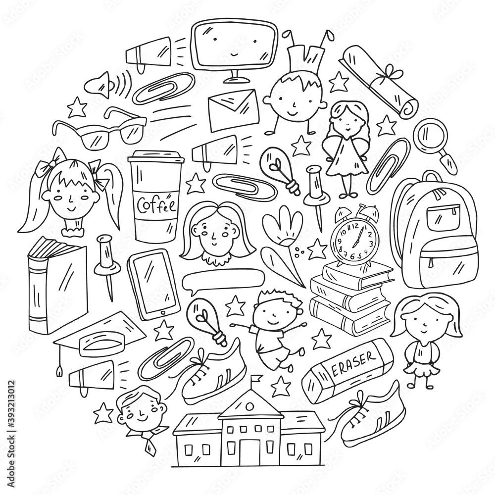 Obraz premium Vector pattern with school icons. Internet education, e-learning. Digital technology.