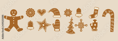 Big set Christmas gingerbread in flat style. Festive baking for winter holidays. Gingerbread men and Christmas tree, star, heart, bell and other holiday symbols baked by hand. Vector illustration.