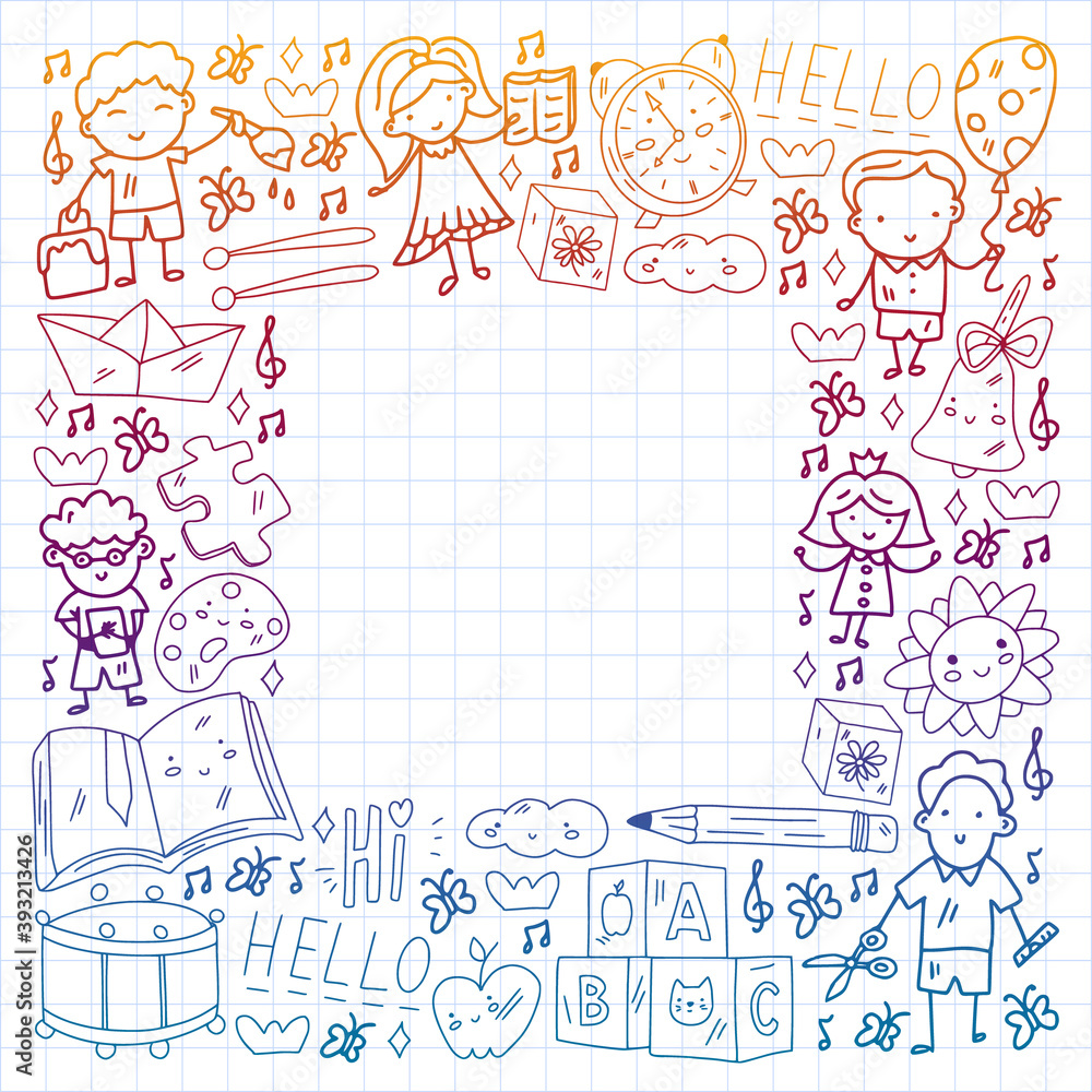 Vector pattern. School and online education. Little boys and girls play and grow together. Vector pattern. School and online education. Little boys and girls play and grow together.