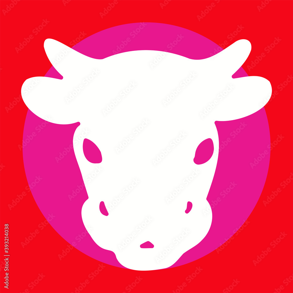 Fototapeta premium White bull on red and pink background, cow silhouette, animal illustration, poster, card, vector