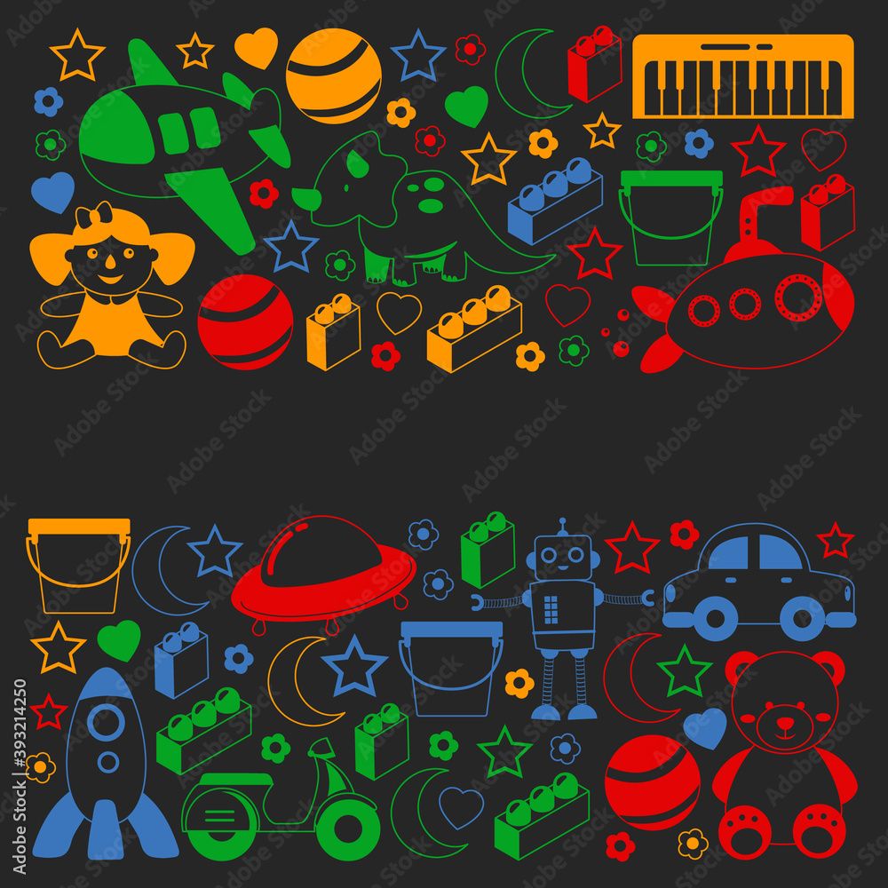 Fototapeta premium Vector pattern with the collection of toys. Doll, submarine, plane, ship. Children and kindergarten illustration.