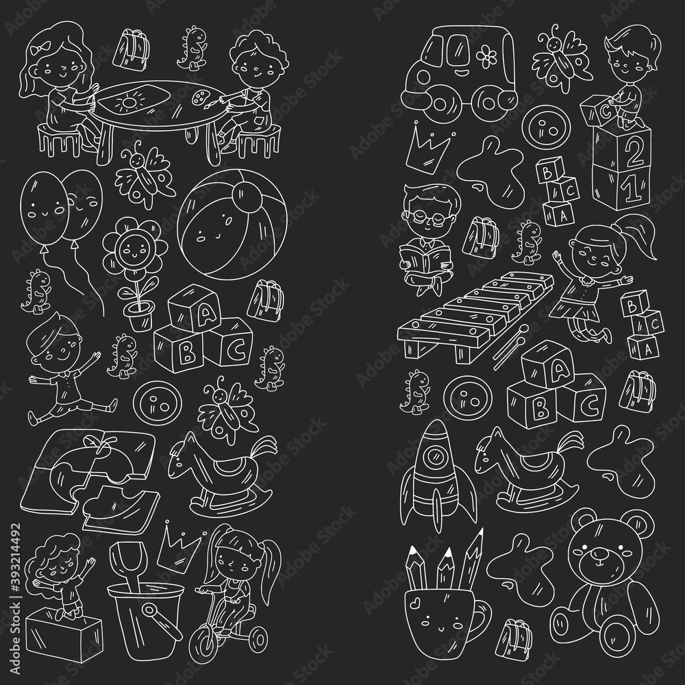Children play with toys in the kindergarten. Kids playground. Education, creativity, imagination. Children play with toys in the kindergarten. Kids playground. Education, creativity, imagination.