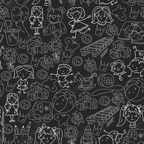 Seamless pattern. Kindergarten and toys. Little children game. Kids playground. Education, creativity, imagination.