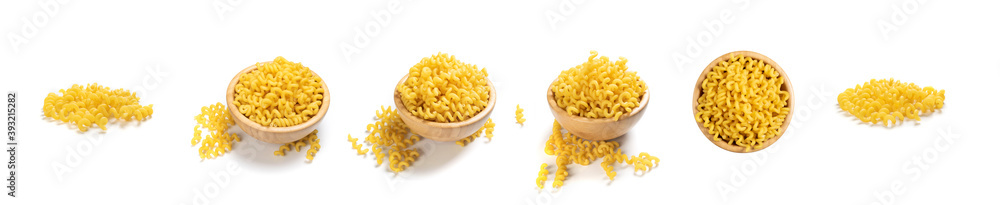 Raw yellow cavatappi pasta isolated on white background