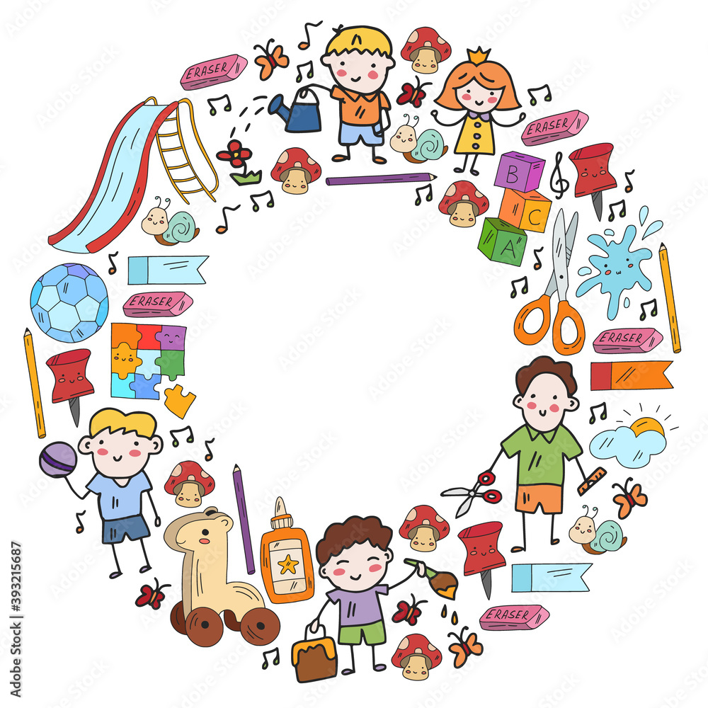 Kindergarten and toys. Little children game. Kids playground. Education, creativity, imagination.