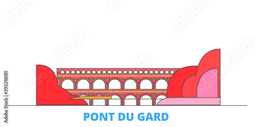France, Pont Du Gard cityscape line vector. Travel flat city landmark, oultine illustration, line world icons