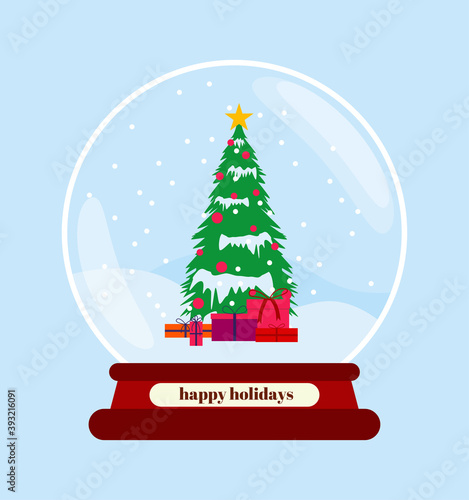 Merry christmas glass ball with christmas tree. Merry Christmas Greeting Card With Santa Snow Globe. Vector illustration for greeting cards.