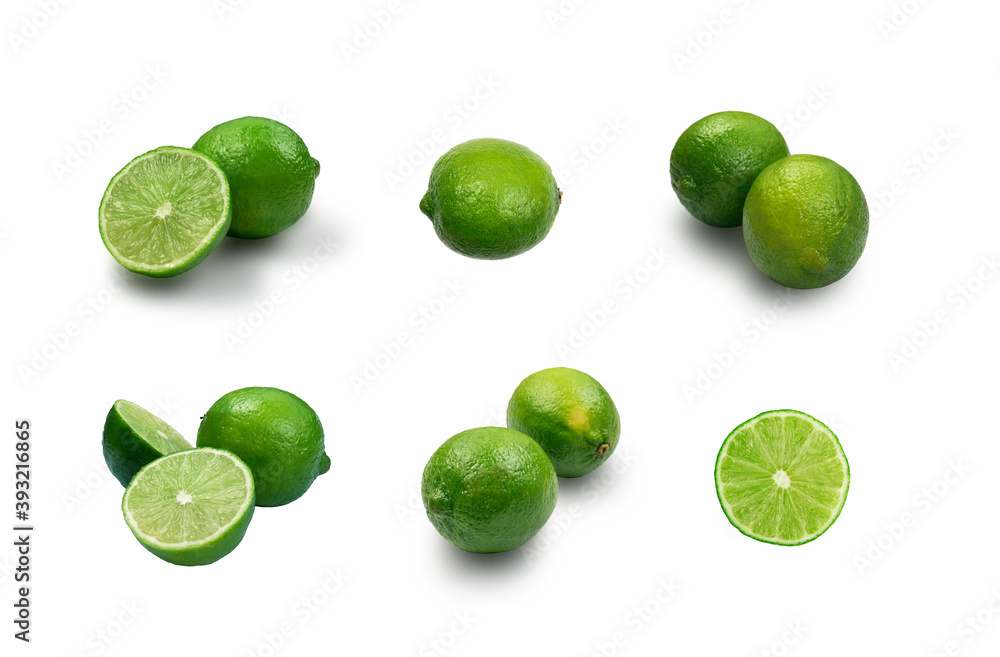 Sour key whole and sliced lime isolated on white background