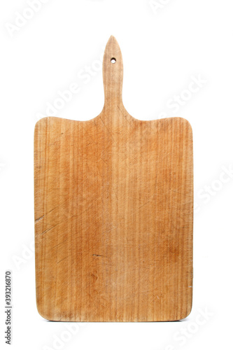 Wooden bread board on white background