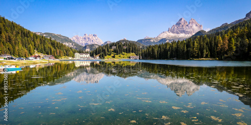 Lago di Misurina (Misurina Lake) with mirror lake reflections of the alpine mountain panorama of the Dolomites in Misurina, Veneto, northern Italy. 