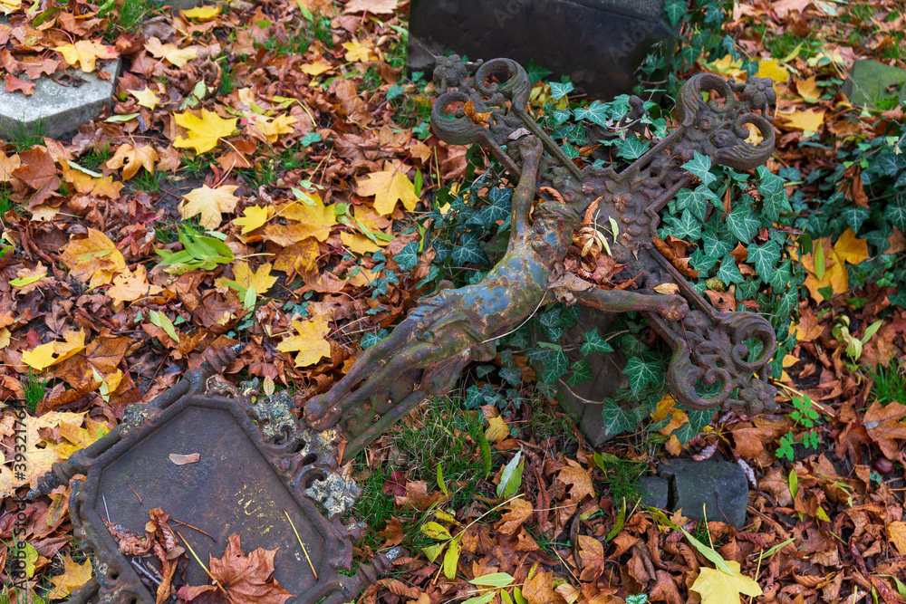 Historic Statue on the autumn mystery old Prague Cemetery, Czech Republic Historic Statue on the autumn mystery old Prague Cemetery, Czech Republic