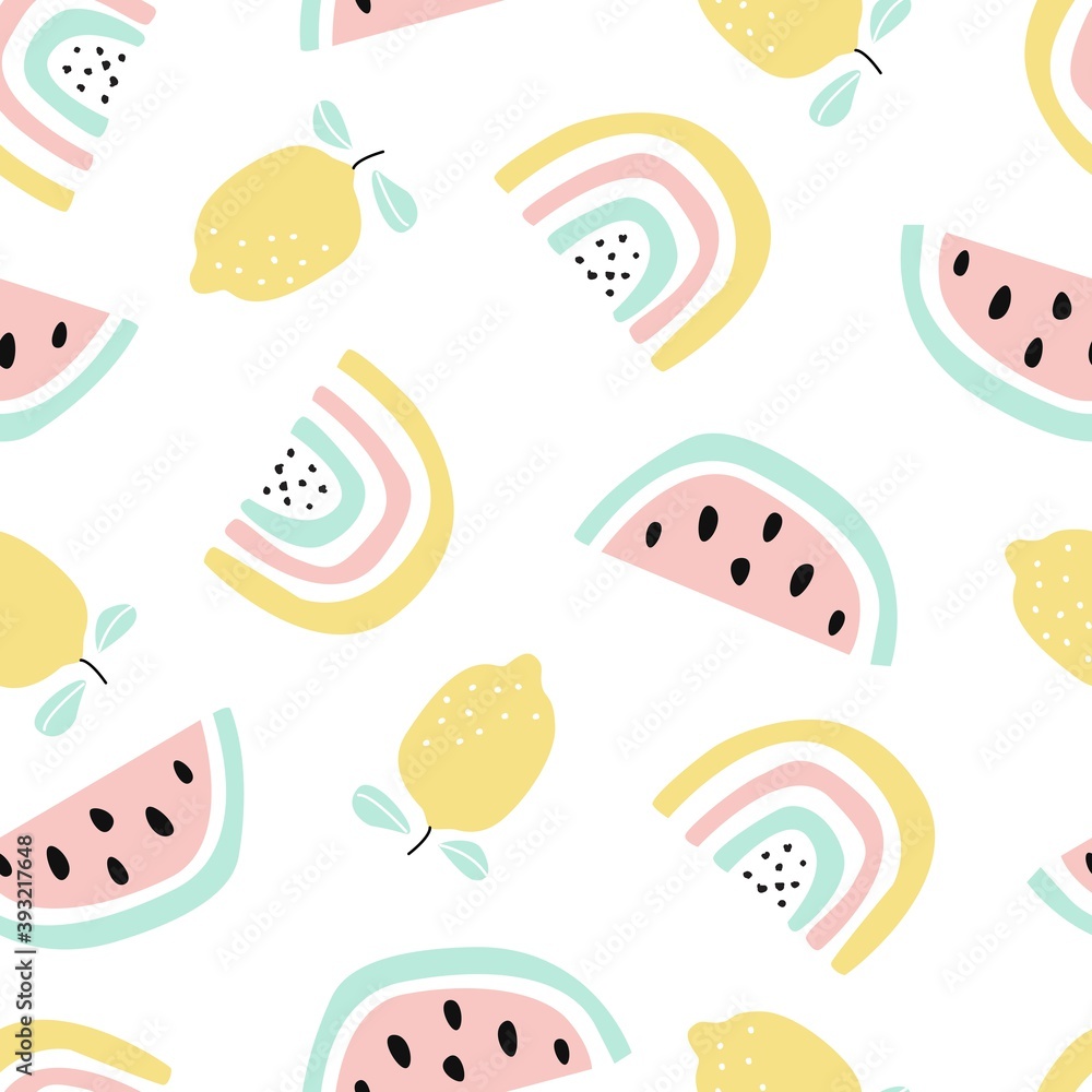 Seamless pattern with fruit watermelon, lemon and rainbow. Vector illustration with flowers, in a modern cartoon style, for printing on packaging paper, postcard, poster, banner, clothing.