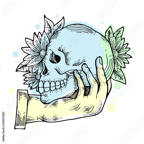 Human skull in hand sketch engraving vector illustration.