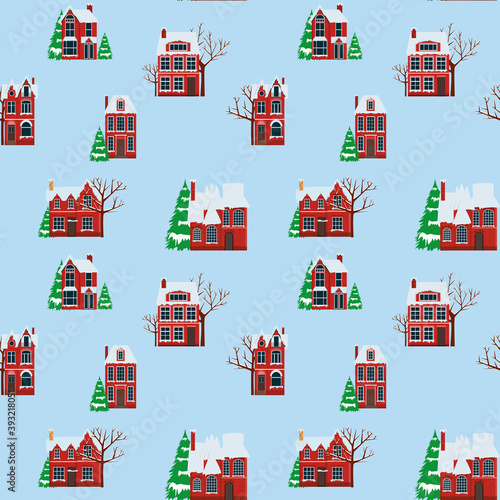 Winter houses for Christmas fabrics and decor. Merry Christmas and Happy New Year landscape. Cute houses background. Engraved style illustration. Vector illustration