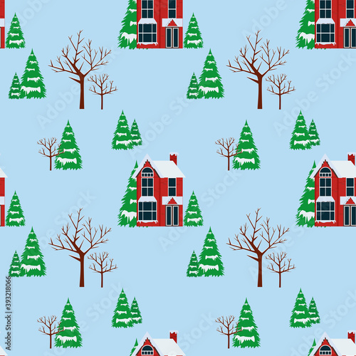 Winter houses for Christmas fabrics and decor. Merry Christmas and Happy New Year landscape. Cute houses background. Engraved style illustration. Vector illustration