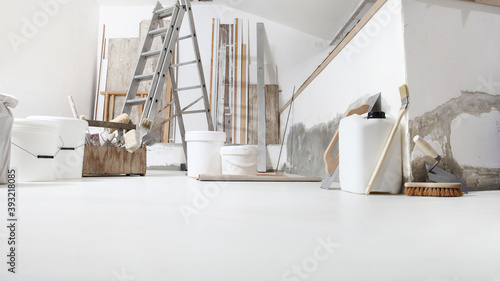 Photography Low angle of indoor shot of construction or building site of home renovation wit