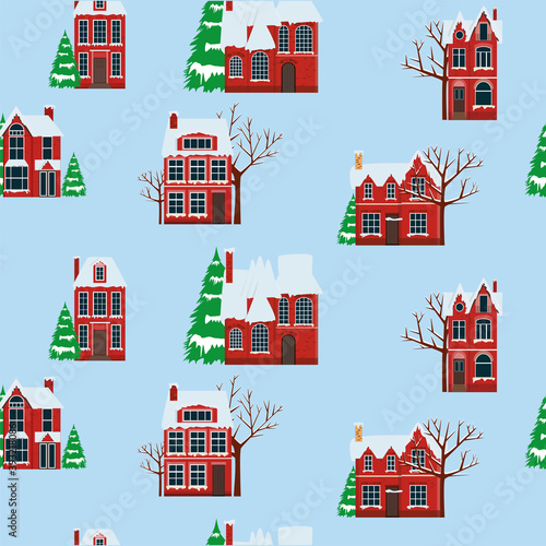 Winter houses for Christmas fabrics and decor. Merry Christmas and Happy New Year landscape. Cute houses background. Engraved style illustration. Vector illustration
