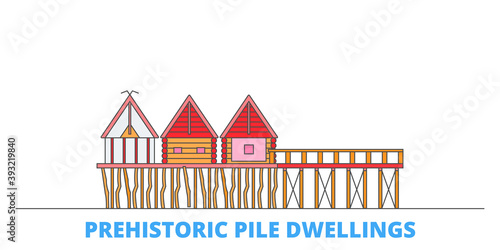 France, Prehistoric Pile Dwellings Around The Alps Landmark cityscape line vector. Travel flat city landmark, oultine illustration, line world icons
