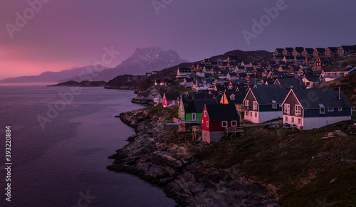 Nuuk, the Capital of Greenland. During a beautiful purple arctic sunset.  photo