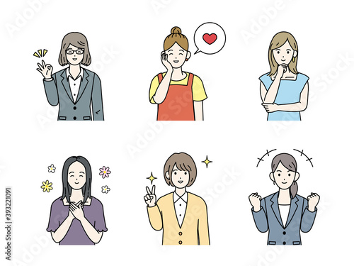 笑顔　喜ぶ　女性のイラスト　セット