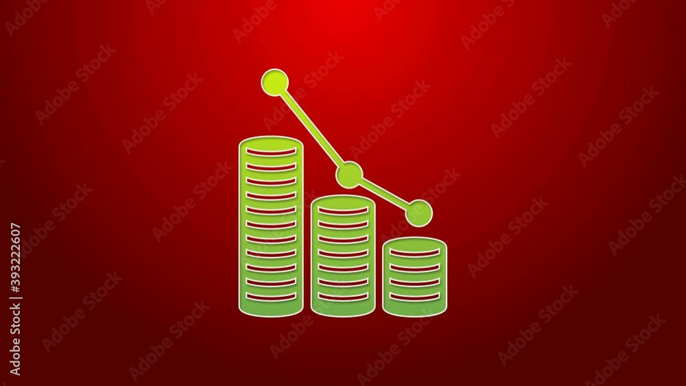 Green line Pie chart infographic and coin icon isolated on red ...