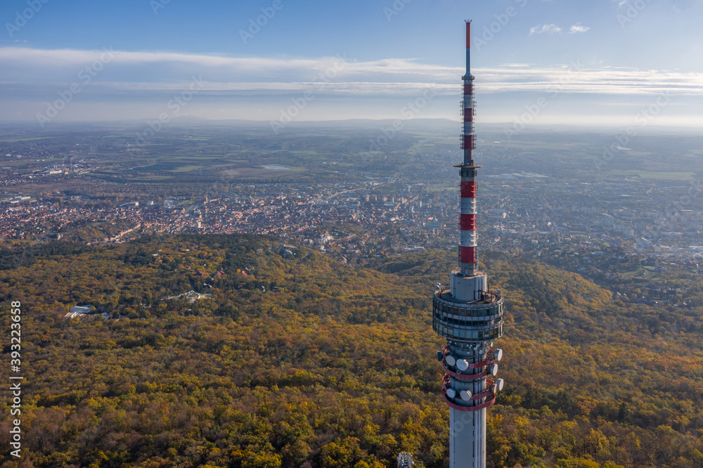 Obraz premium Hungary - TV tower in Pecs with Mecsek hills from drone view