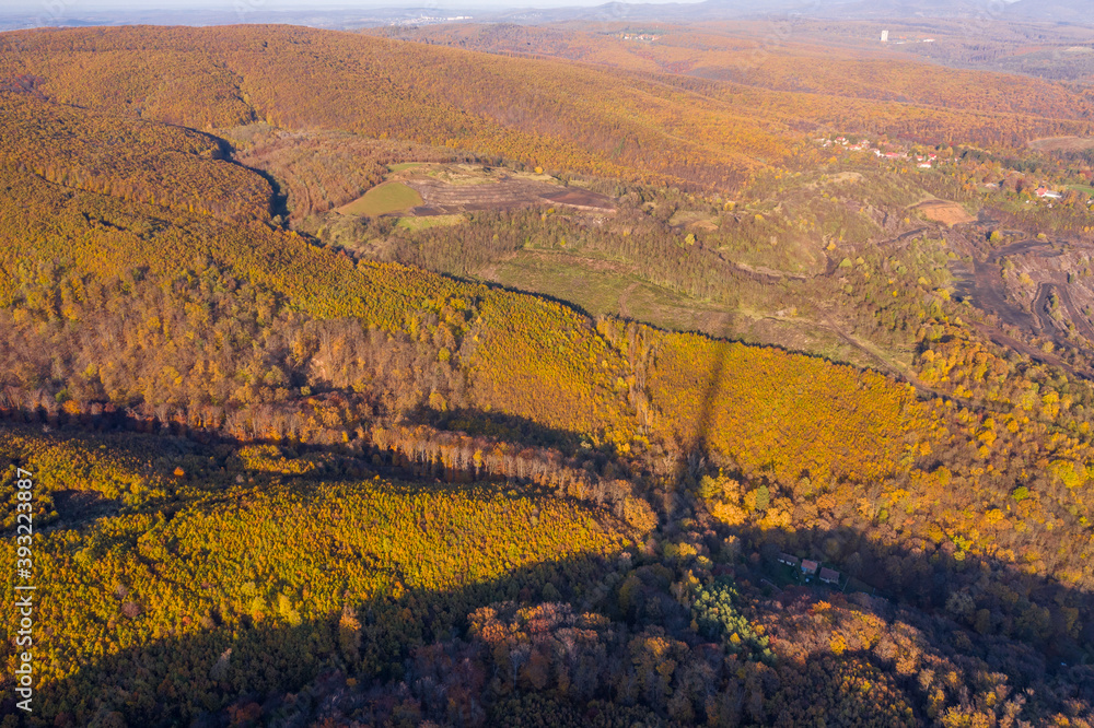 Hungary - autumn colours in Mecsek hills from drone view