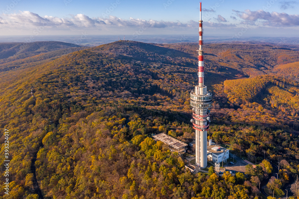 Obraz premium Hungary - TV tower in Pecs with Mecsek hills from drone view