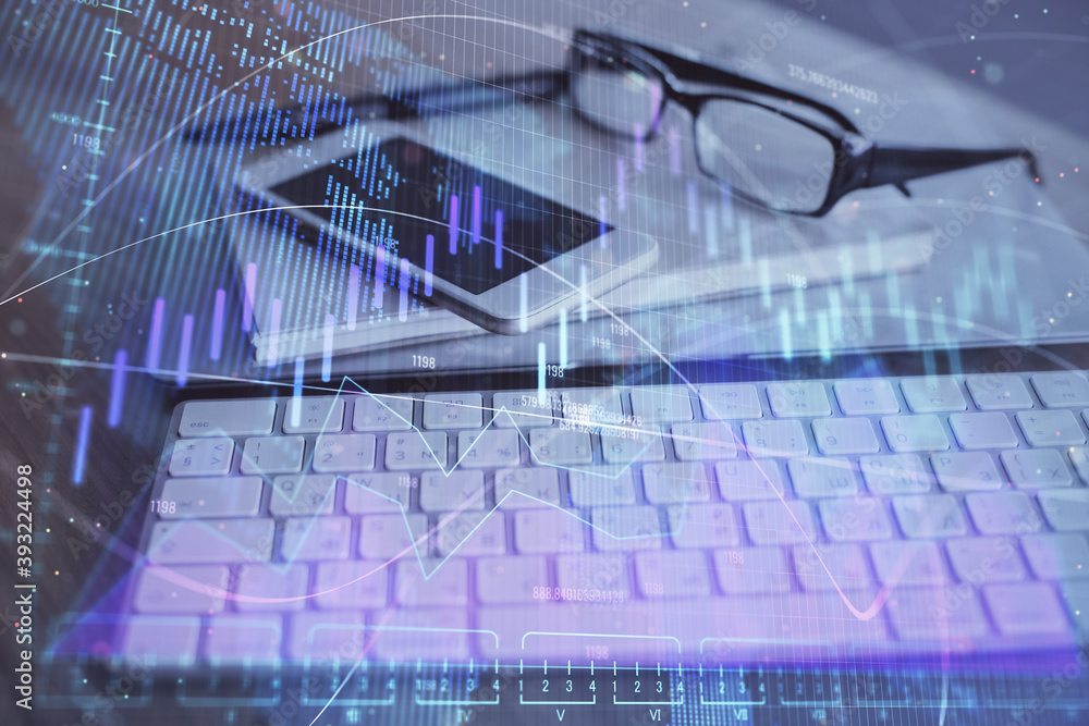 Double exposure of forex chart drawing and cell phone background. Concept of financial trading Double exposure of forex chart drawing and cell phone background. Concept of financial trading
