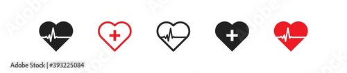Health shape icon set. Emergency sign. Heart pulse illustration, red medical cross symbol in vector flat