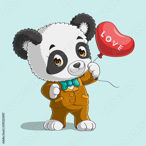 Cute panda with heart baloon, Hand drawn