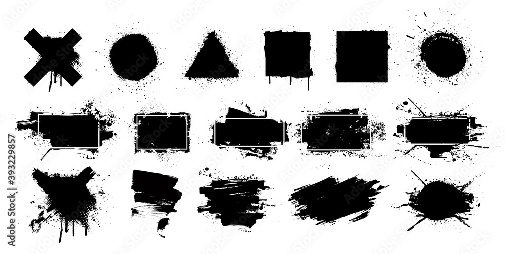 Black grunge splashes stencil with frame. Graffiti spray paint, different shapes. Dirty artistic design elements with frame for text. Grunge box with ink brush strokes and spray splash. Vector set - obrazy, fototapety, plakaty 