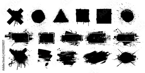 Black grunge splashes stencil with frame. Graffiti spray paint, different shapes. Dirty artistic design elements with frame for text. Grunge box with ink brush strokes and spray splash. Vector set
