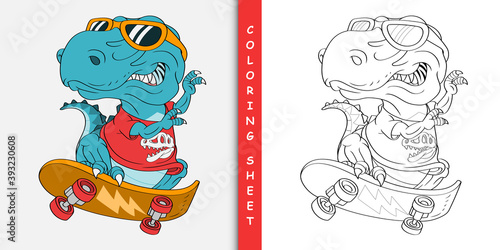 skater t-rex dinosaur cartoon, Coloring sheet