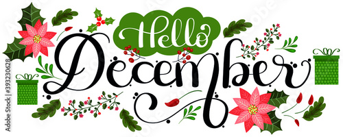 "December" holidays month text creative with gifts flowers and leaves. Decoration text floral. Decoration letters, Illustration December. Christmas	
