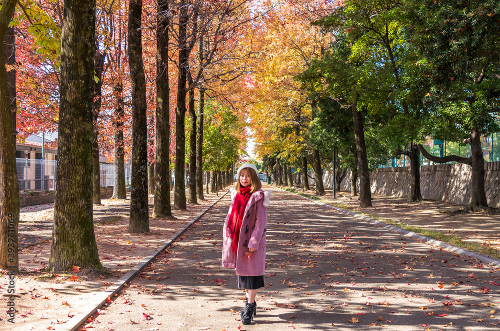 紅葉の中にいる若い女性 紅葉の中にいる若い女性