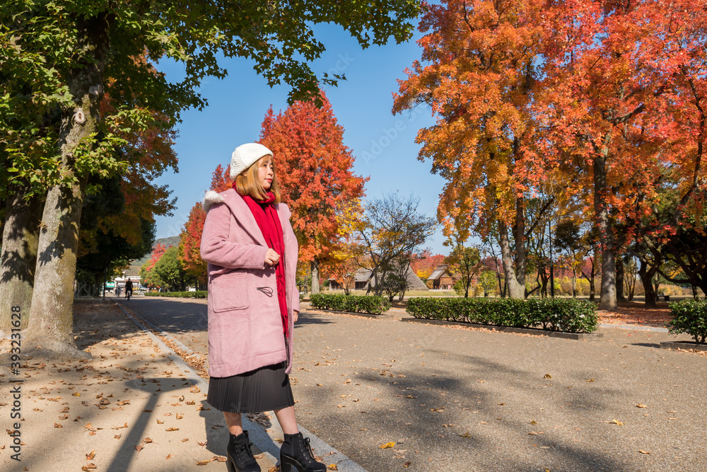紅葉の中にいる若い女性 紅葉の中にいる若い女性