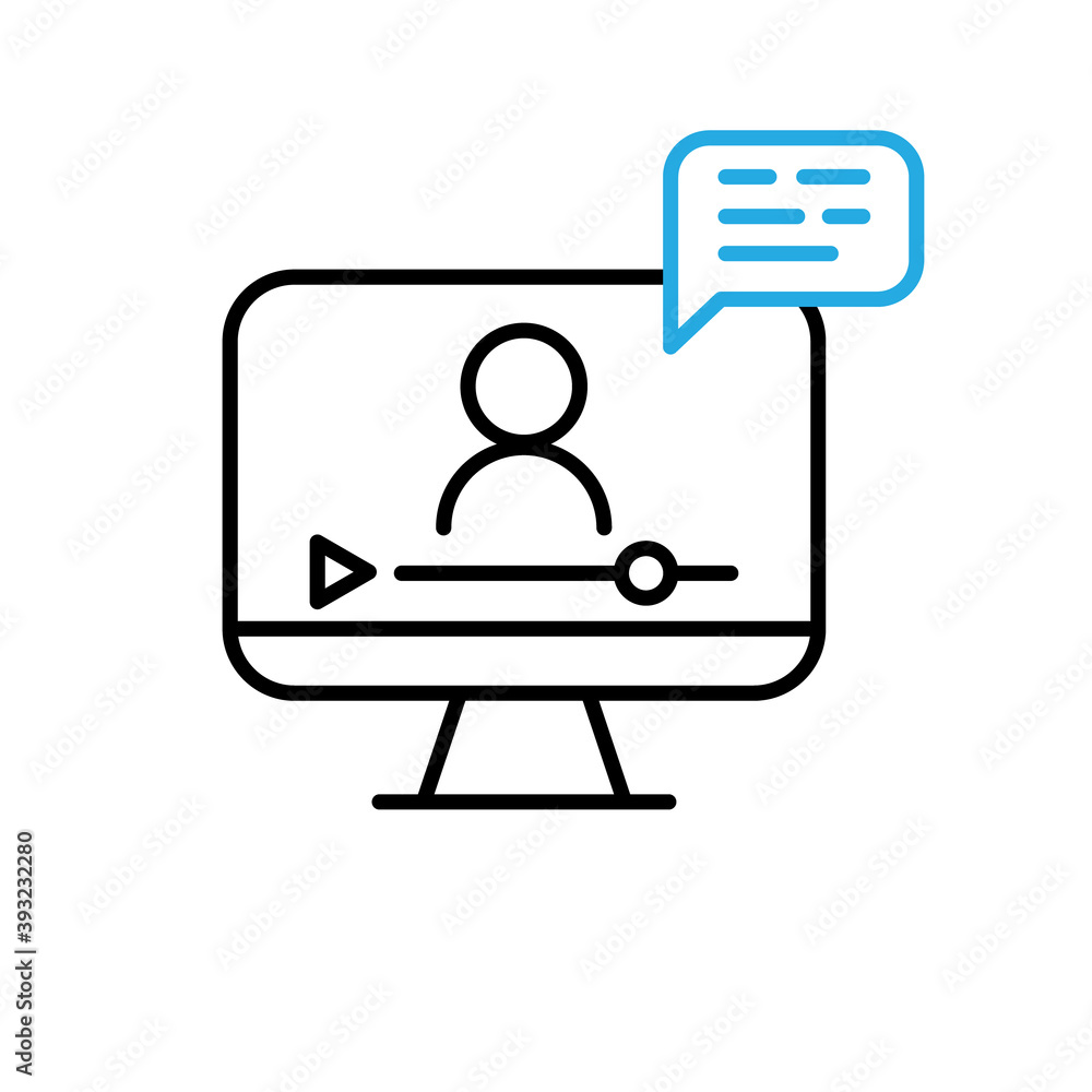 Online lesson icon. Video training symbol. Linear vector icon. Person talking in screen.