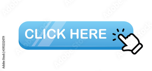 Click here button with hand clicking icon. 3d shiny style vector.