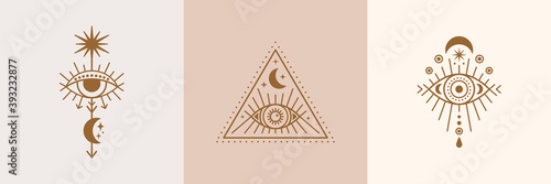 Set of Mystical Eyes, Sun and Moon Icons in a Trending Minimal Linear Style. Vector Isoteric Illustration for t-shirt Prints, Boho Posters, Covers, Logo Designs and Tattoos.