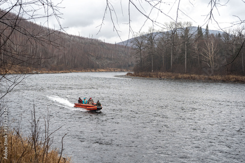 inflatable motor boat. fishing boat on a mountain river. Anyui River. Khabarovsk territory, far East, Russia