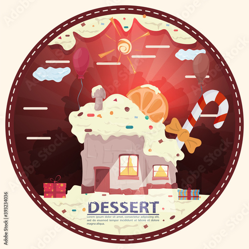 house cupcake with a slice of citrus on the roof among the gifts in the glade of icing with the inscription dessert round sticker flat design