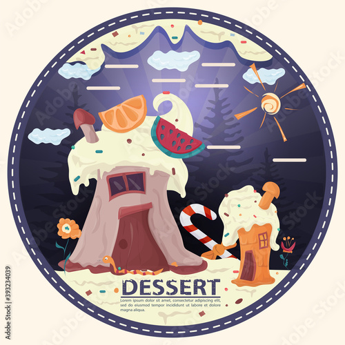 two cupcake houses in a glade of icing flowers with the words dessert round sticker flat design