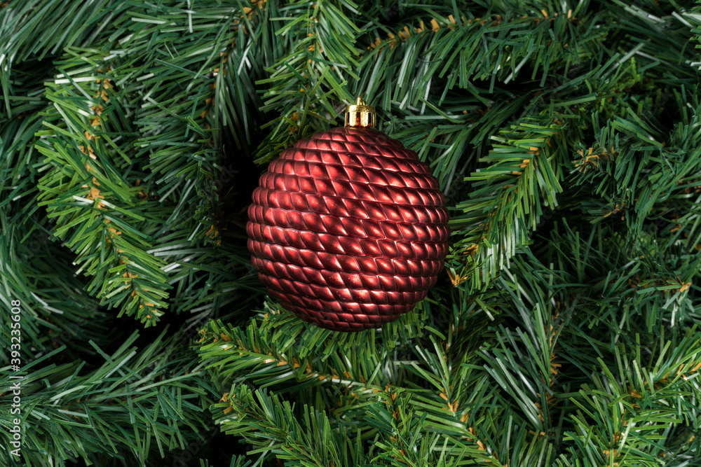 Red Christmas ball isolated on christmas tree branches Red Christmas ball isolated on christmas tree branches