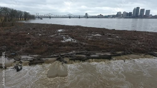 Flooding on Ohio River Louisville Kentucy Late Winter Drone View photo