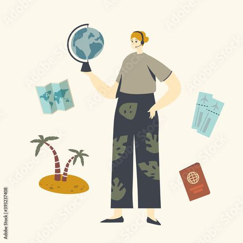 Tour Operator Character, Travel Agency Agent Wearing Headset Holding Globe in Hands Searching for Hot Offer for Clients